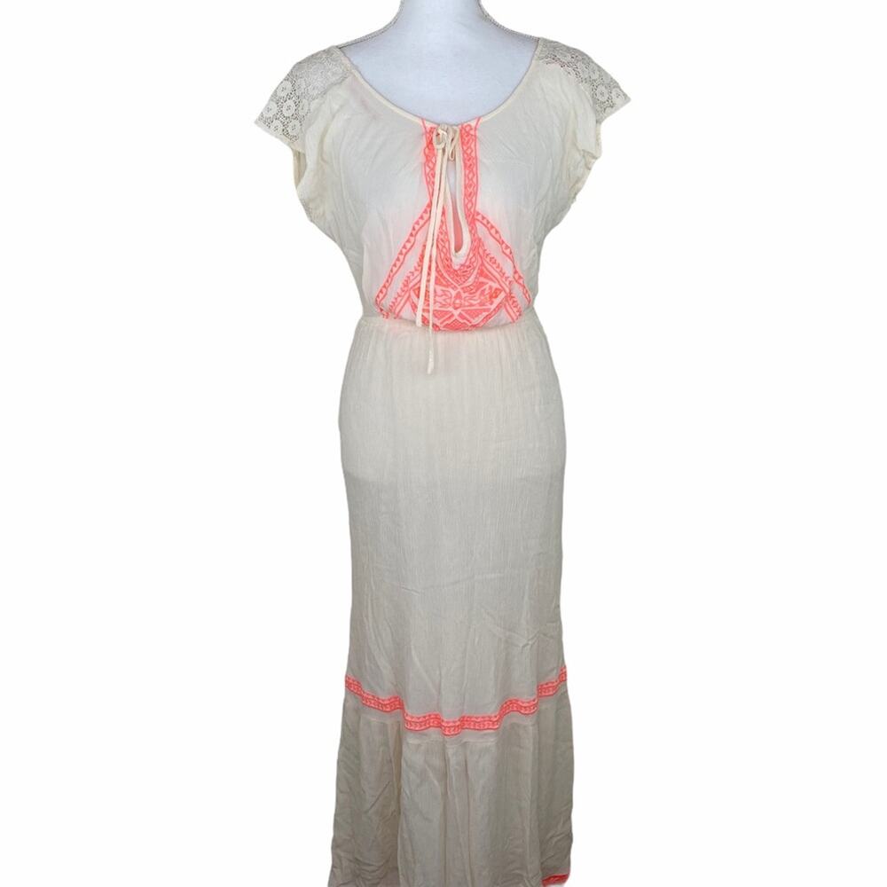 Flying Tomato Boho Maxi Dress Ivory Hot Pink Embroidered Size M Festival Cottage